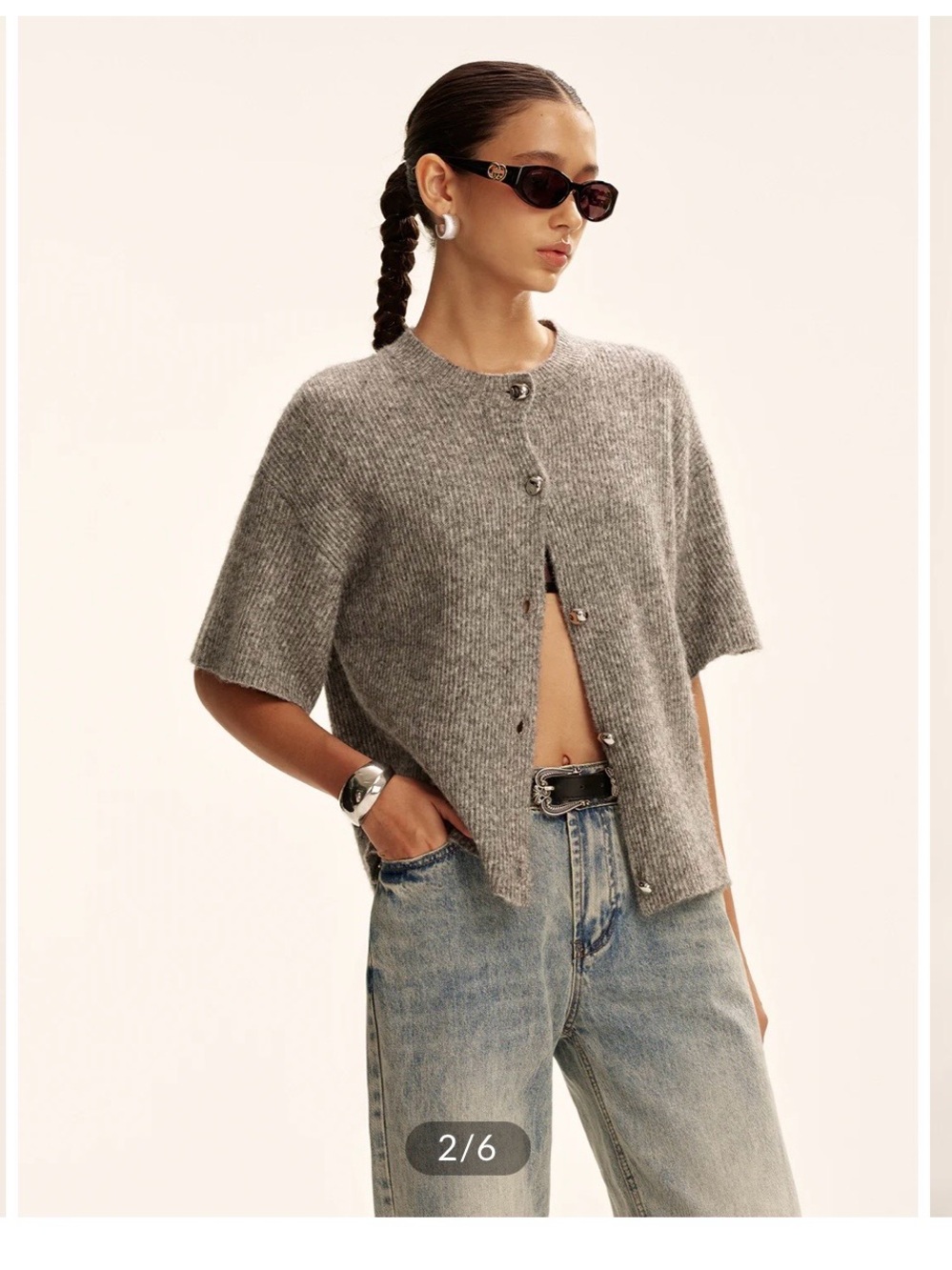 Commense Grey Short-Sleeve Button Knit Cardigan